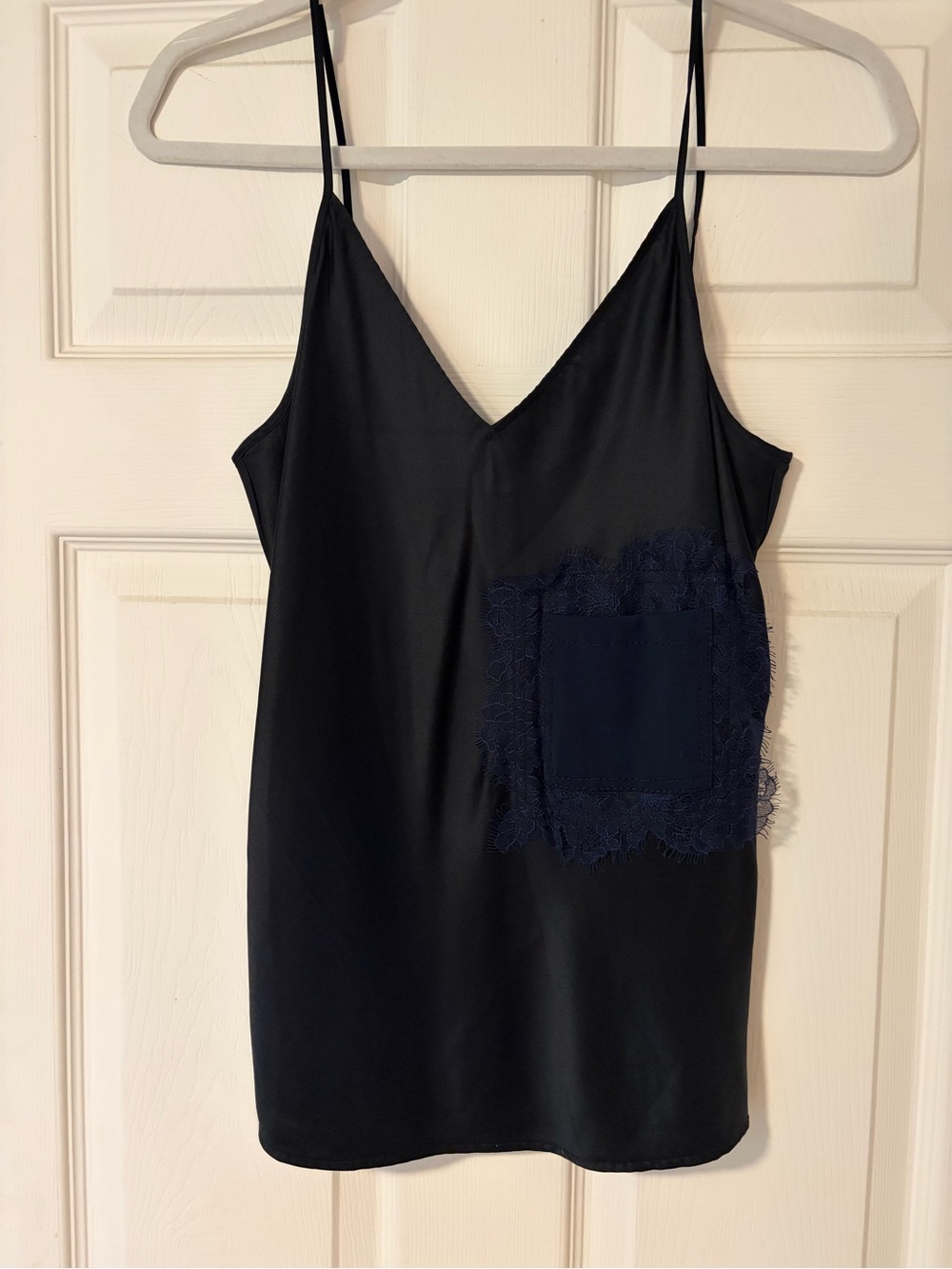 Tory Burch Black Satin Camisole with Navy Lace Pocket